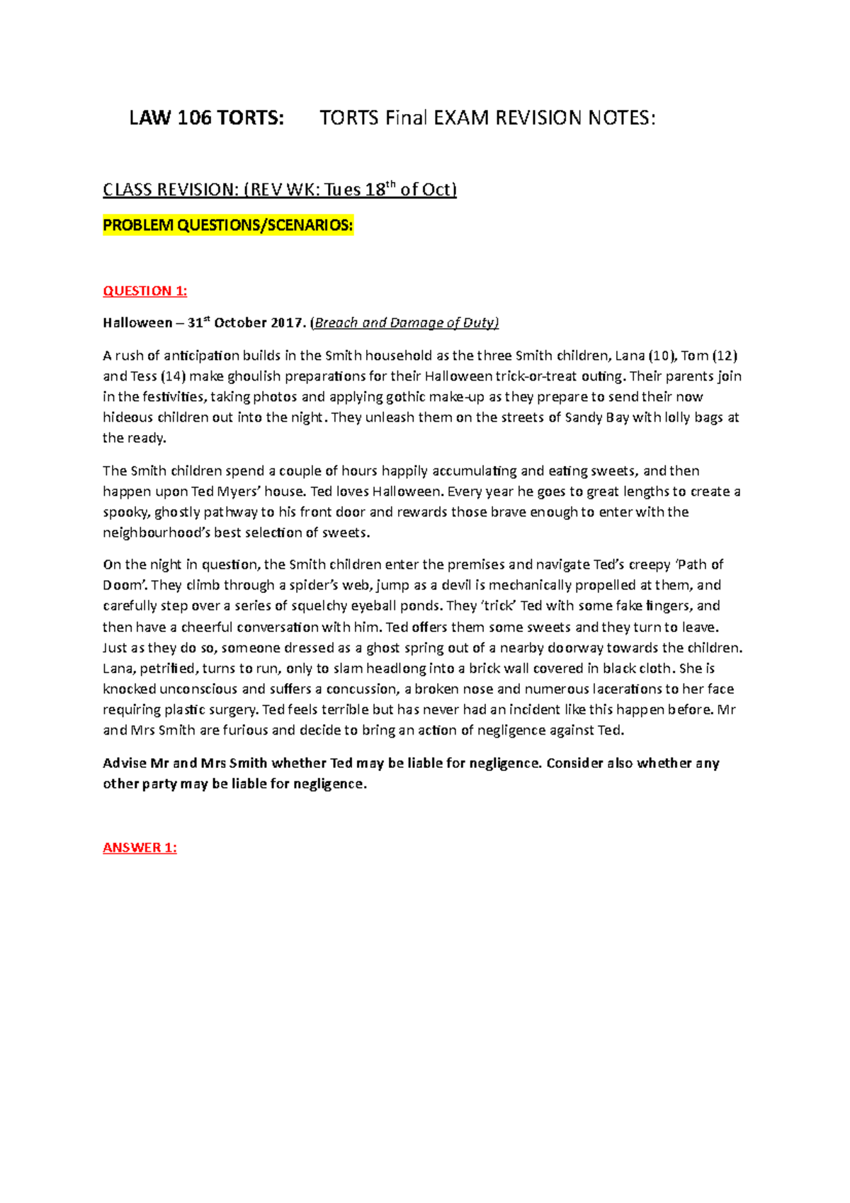 LAW 106 Torts: Final Exam Problem Solving Revision Notes - Studocu