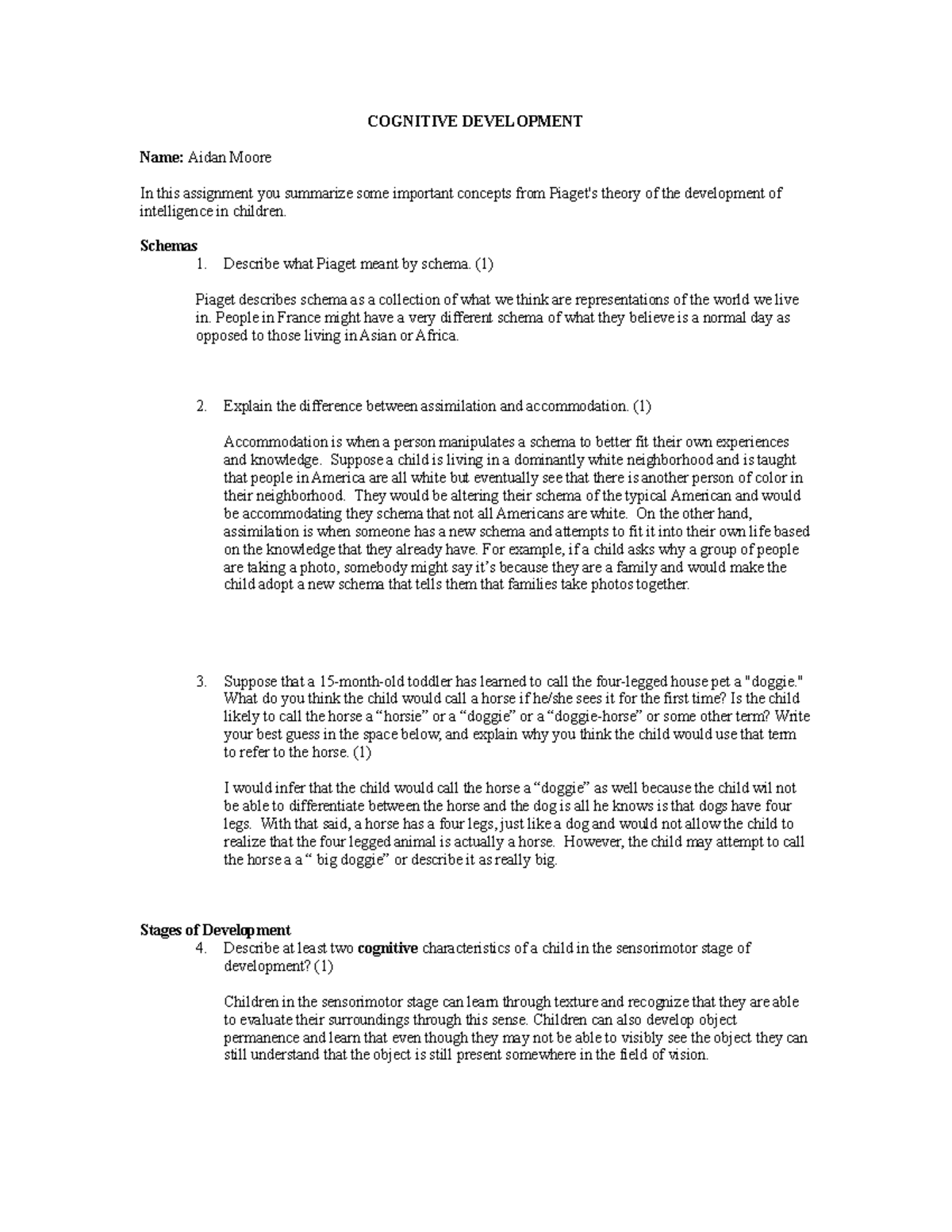 Cognitive Development Summary: Key Concepts from Piaget's Theory - Studocu