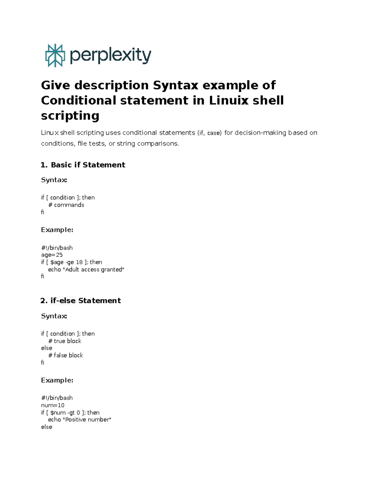 Linux Shell Scripting: Conditional Statements Syntax Examples - Studocu