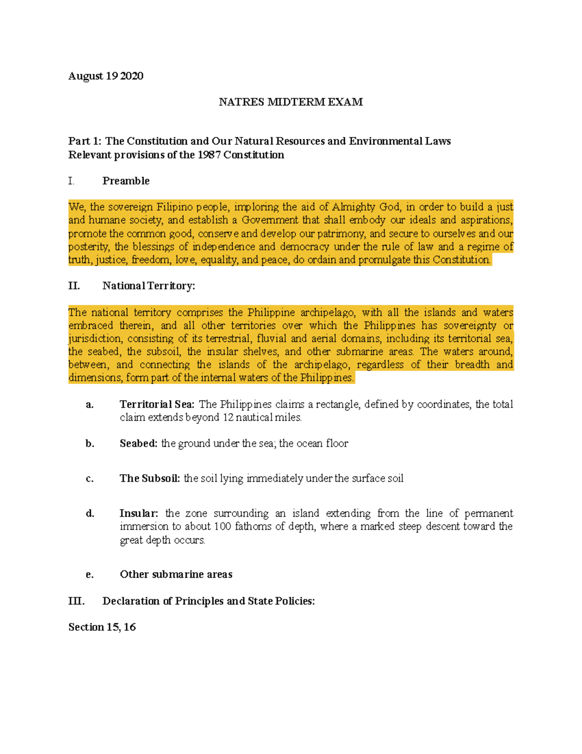 Midterm Reviewer: NATRES 101 on Natural Resources Law Concepts - Studocu
