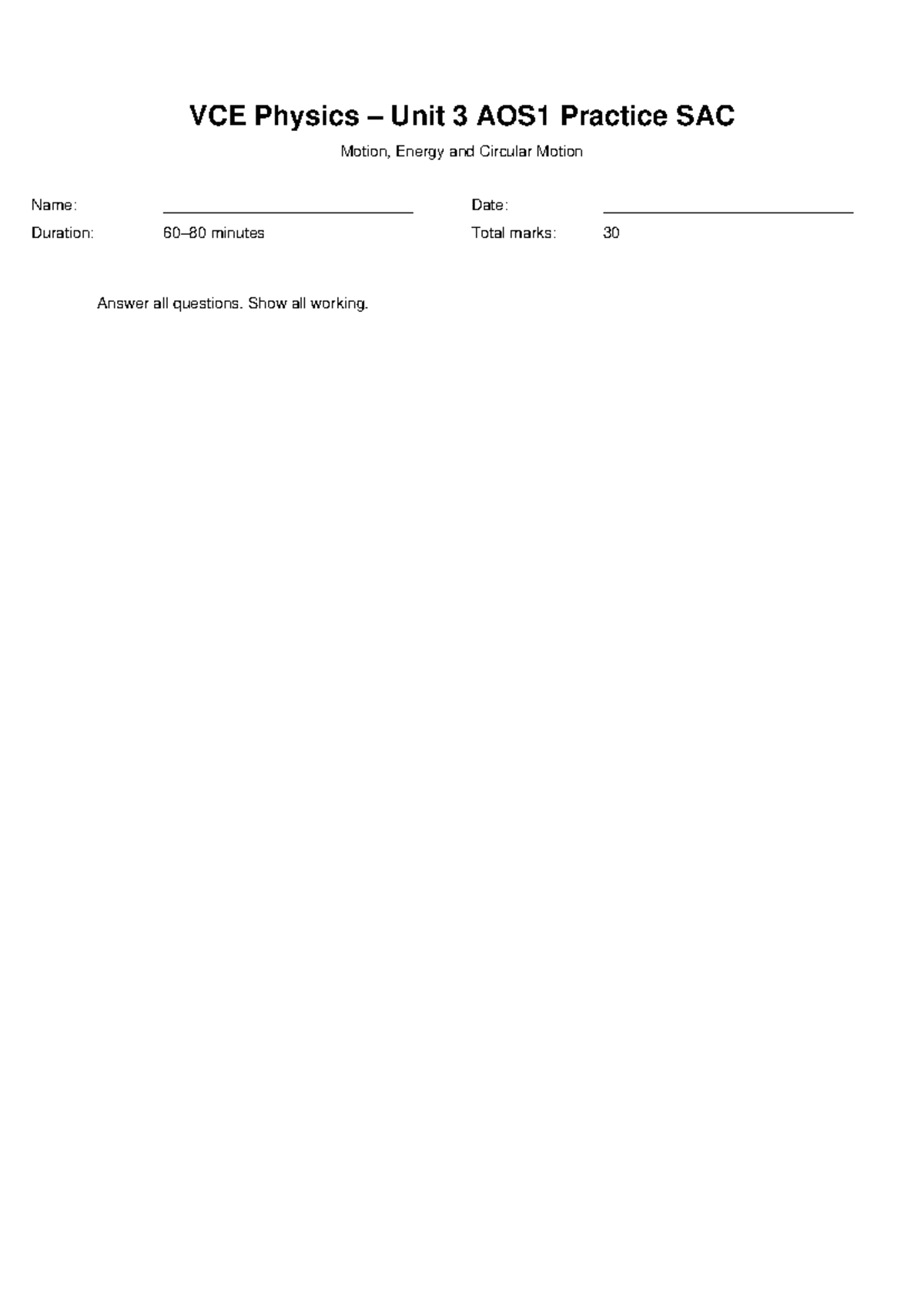 VCE Physics Unit 3 AOS1 Practice SAC: Motion & Energy Problems - Studocu