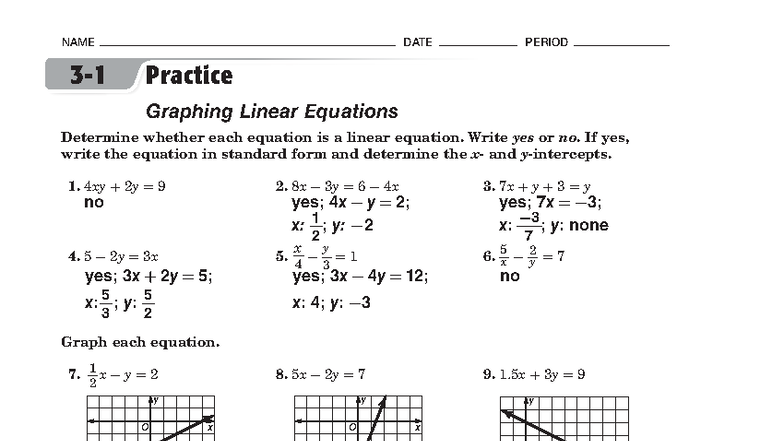 Algebra 1: Practice WS Key for Graphing Linear Equations - Studocu