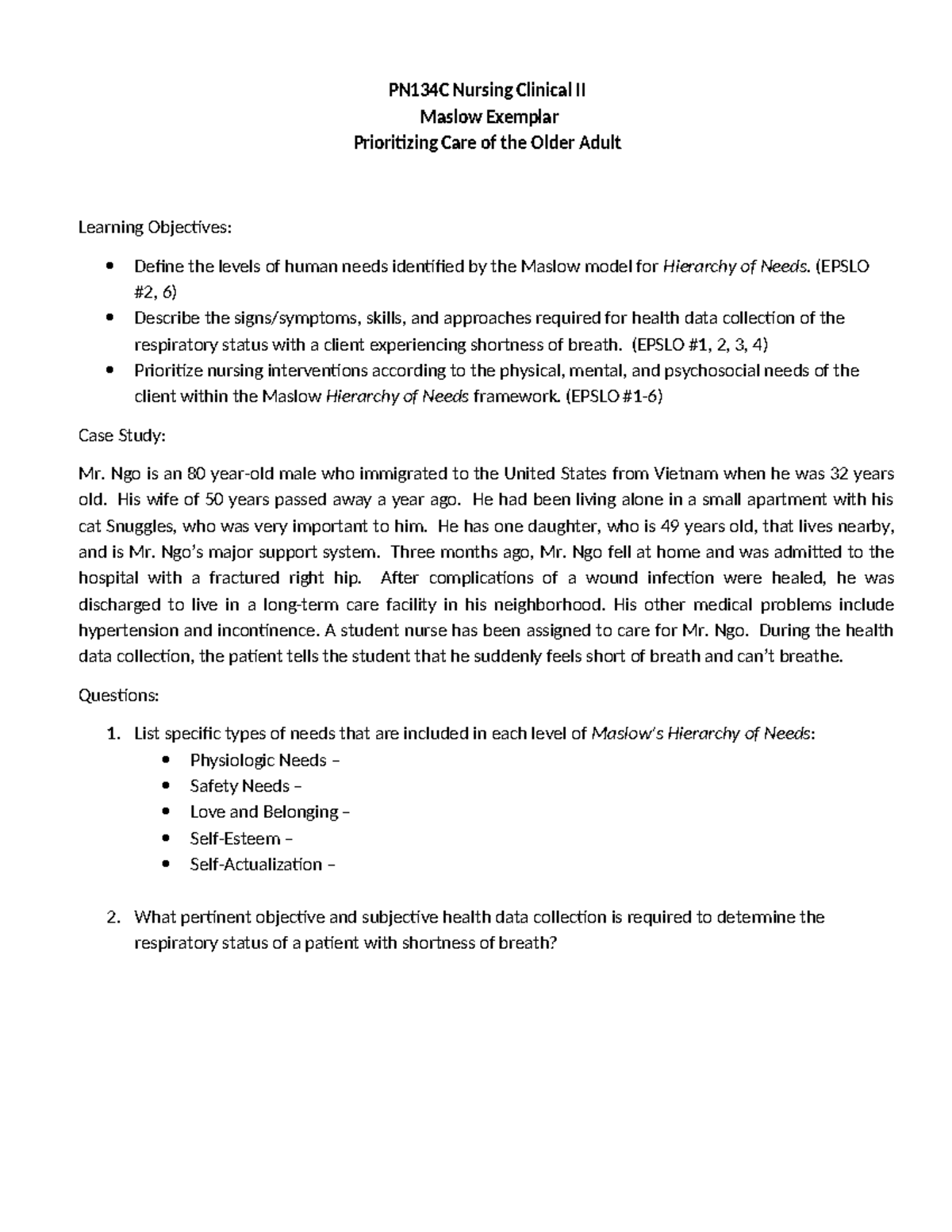 PN134C Nursing Clinical II - Maslow's Hierarchy Case Study on Elder ...