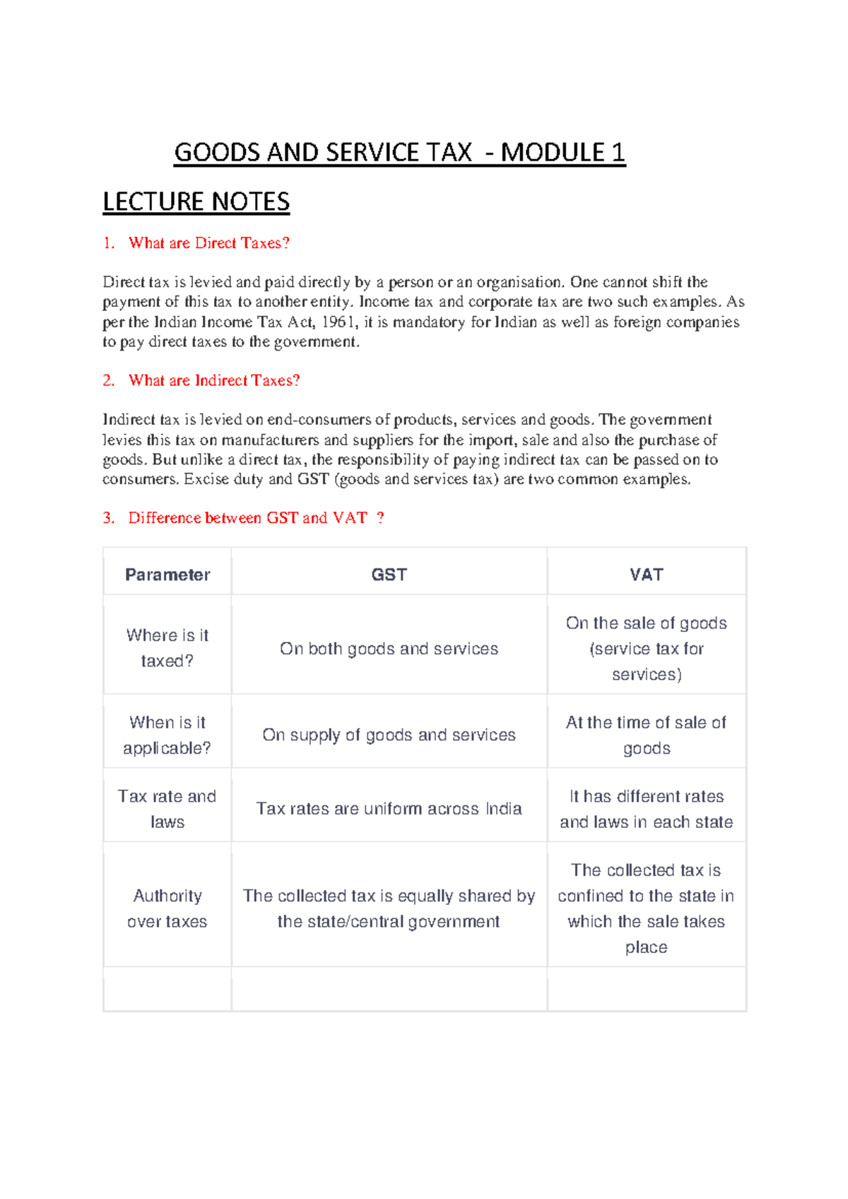 GST Module 1 Lecture Notes: Understanding Direct & Indirect Taxes - Studocu