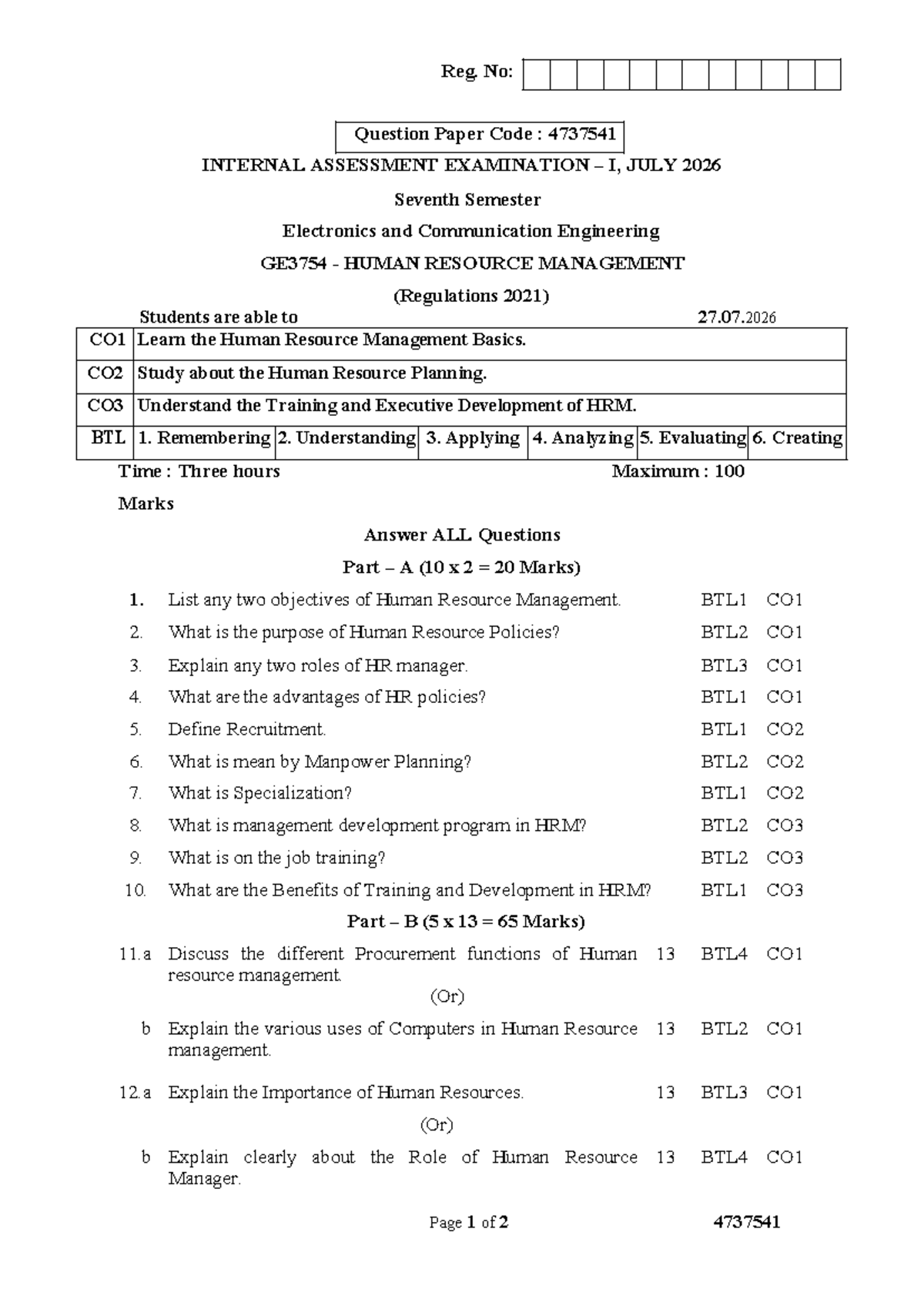 HRM GE3754 Internal Assessment Exam I - July 2026 - Studocu