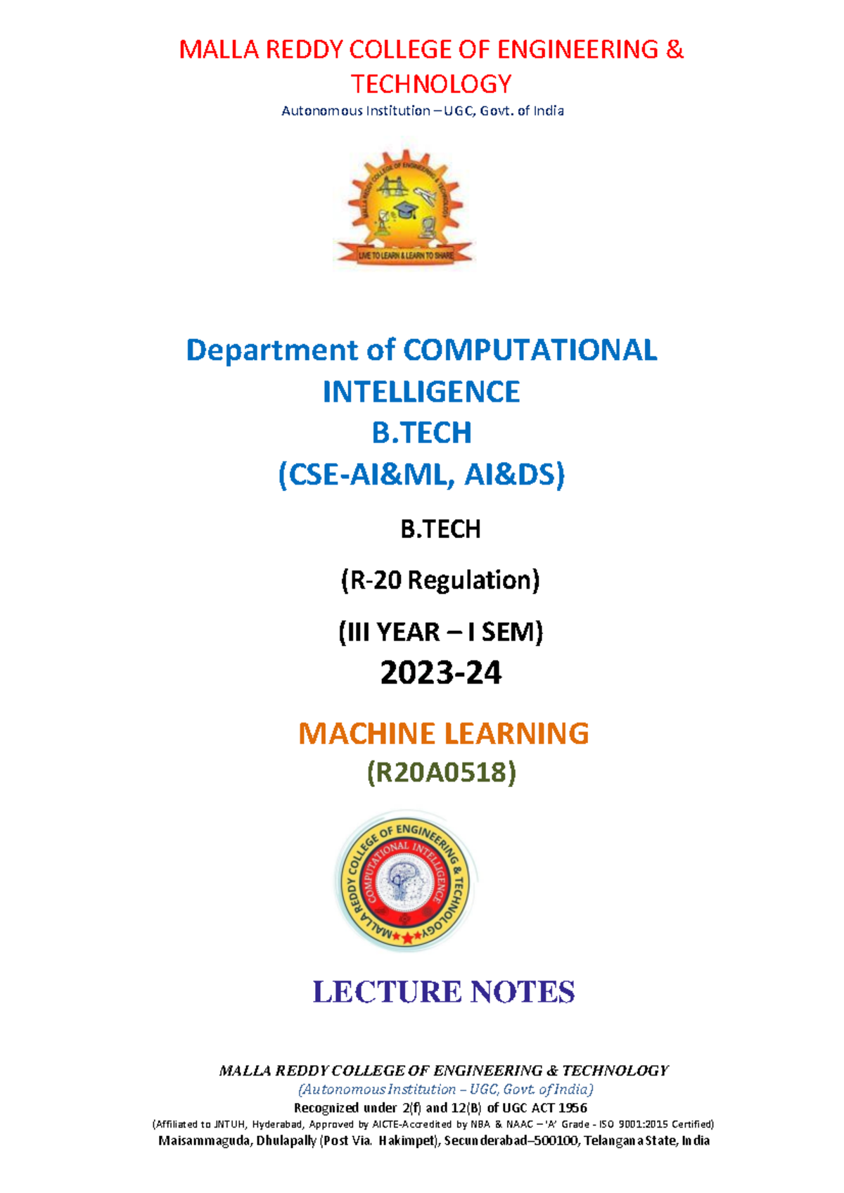 Machine Learning (R20A0518) Lecture Notes - B.Tech CSE 1st Sem - Studocu