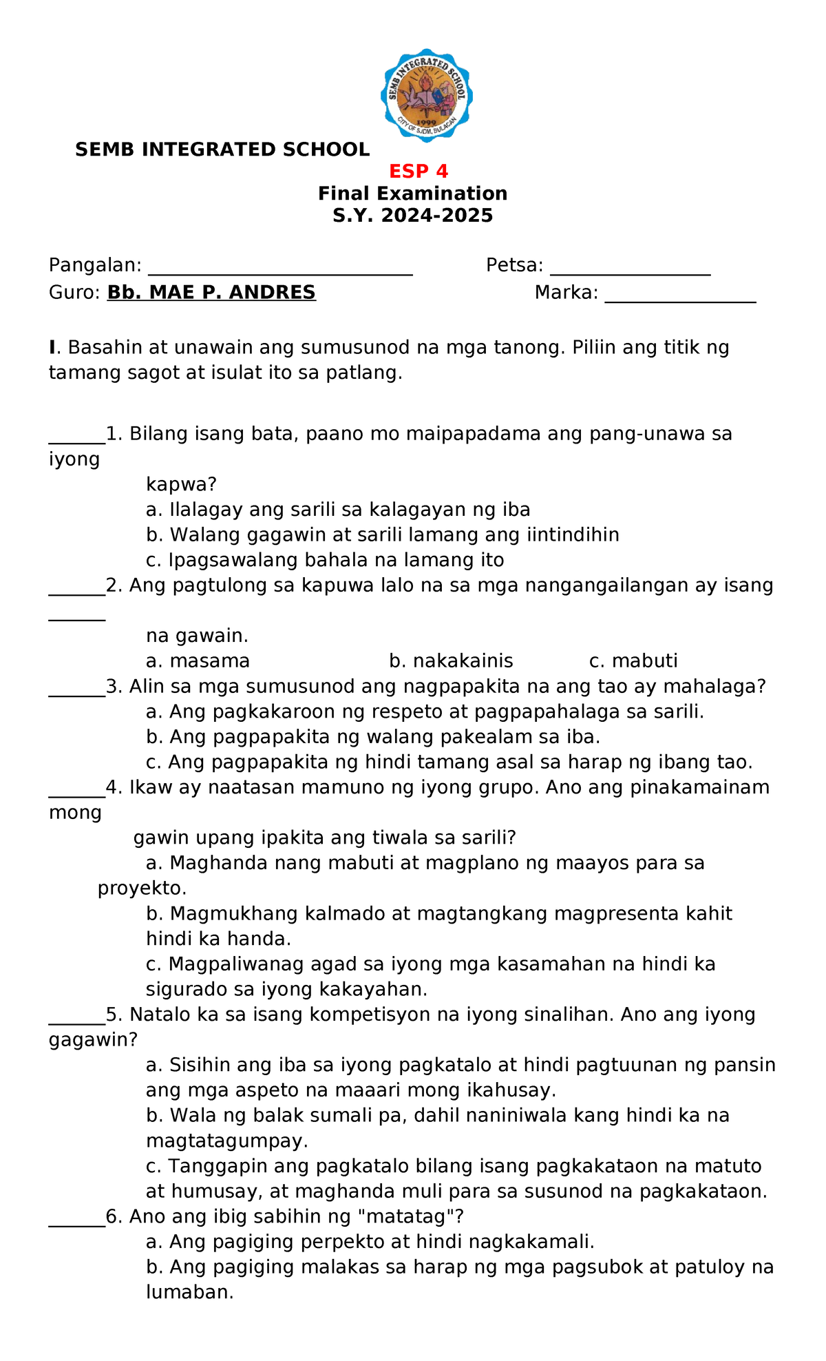 Final EXAM ESP 4 - SEMB INTEGRATED SCHOOL ESP 4 Final Examination S ...