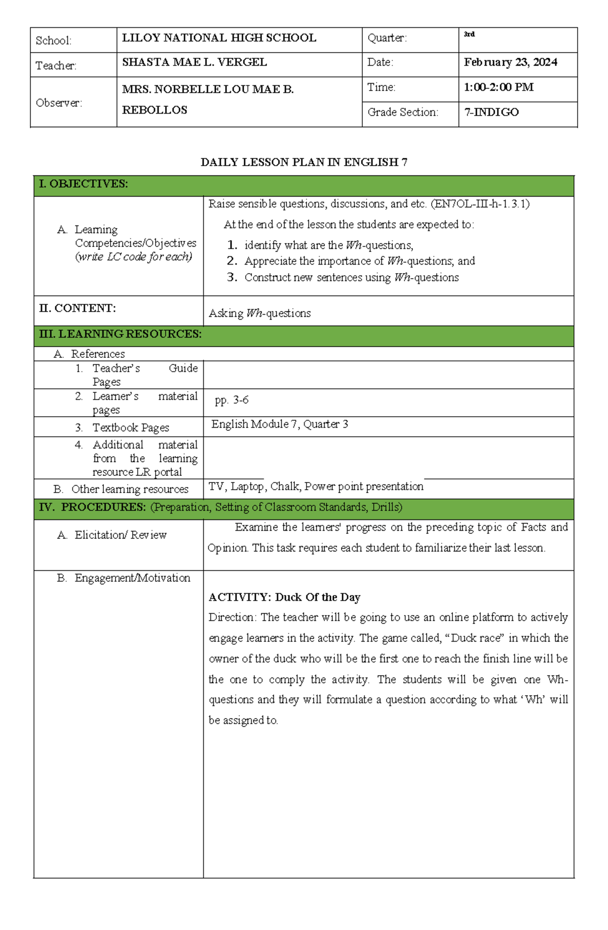 LP3 - Daily Lesson Plan for Wh-Questions in English 7 - Studocu