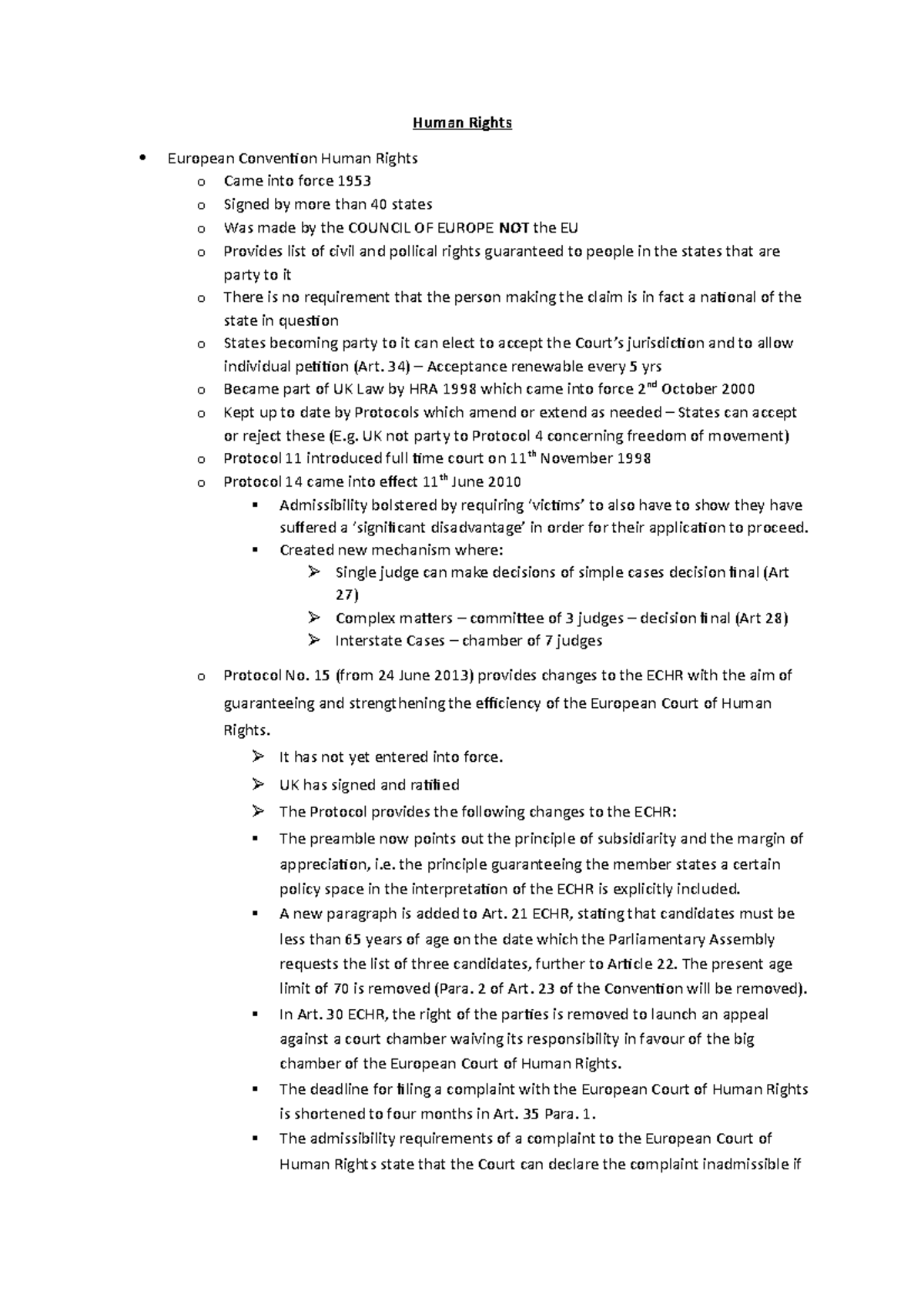 Human Rights Law: Key Notes on the European Convention (HRA) - Studocu