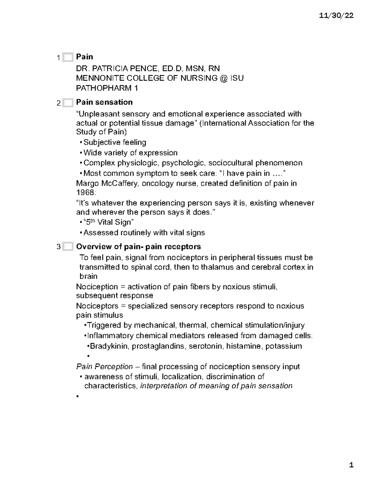 239 pain - lecture notes on pain - 11/30/ 1 Pain DR. PATRICIA PENCE, ED ...