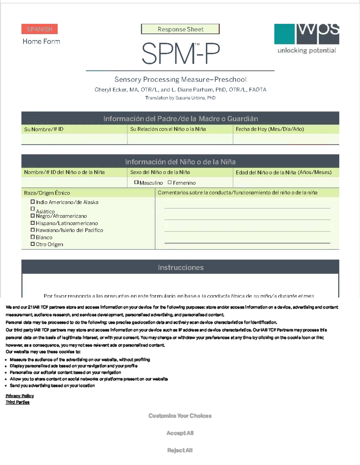 Response Sheet SPANISH: Sensory Processing Assessment Form - Studocu