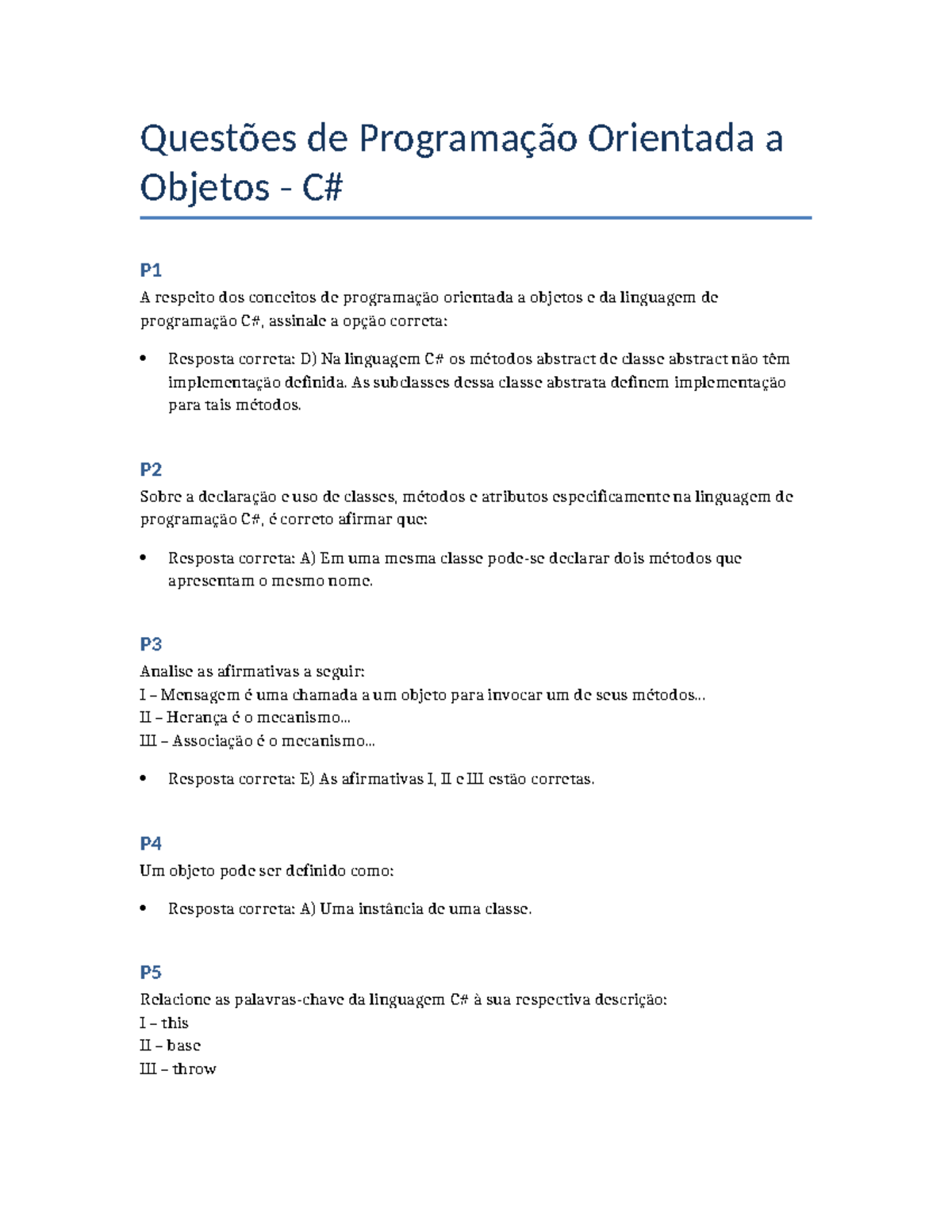 Questões de Programação Orientada a Objetos P1 - Exercícios CSharp ...