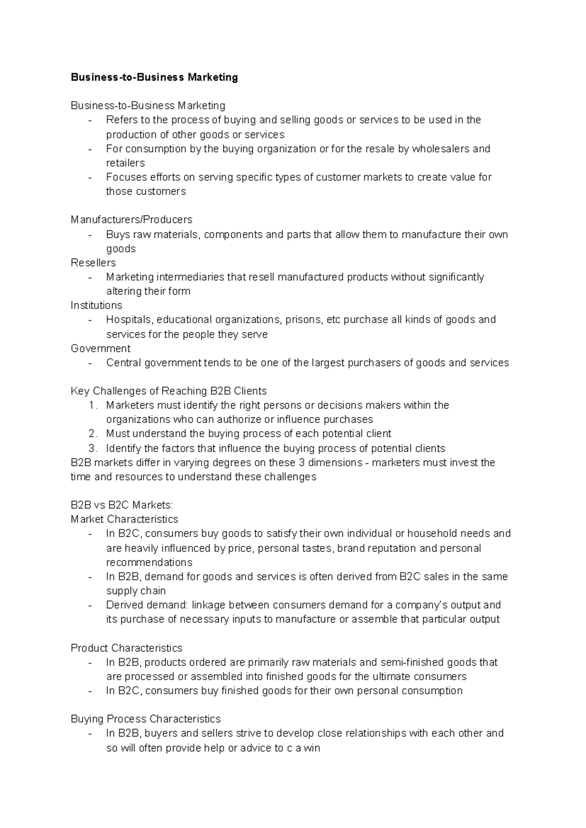 Chapter 5 Notes - Business-to-Business Marketing Business-to-Business ...