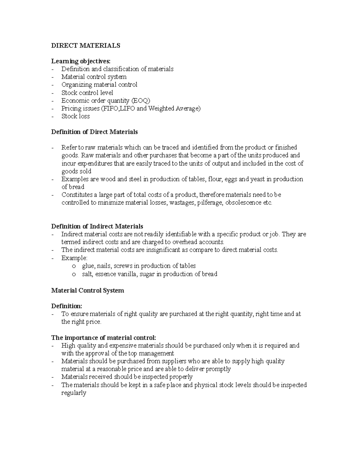 Direct Materials Overview - MAF151 Cost Accounting Guide - Studocu