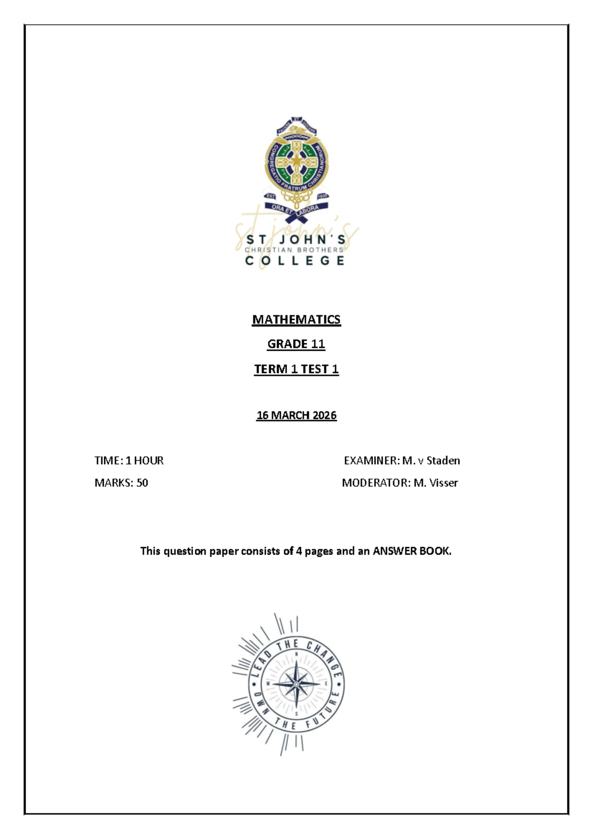 Grade 11 Mathematics Term 1 Test 1 - March 2026 Exam - Studocu