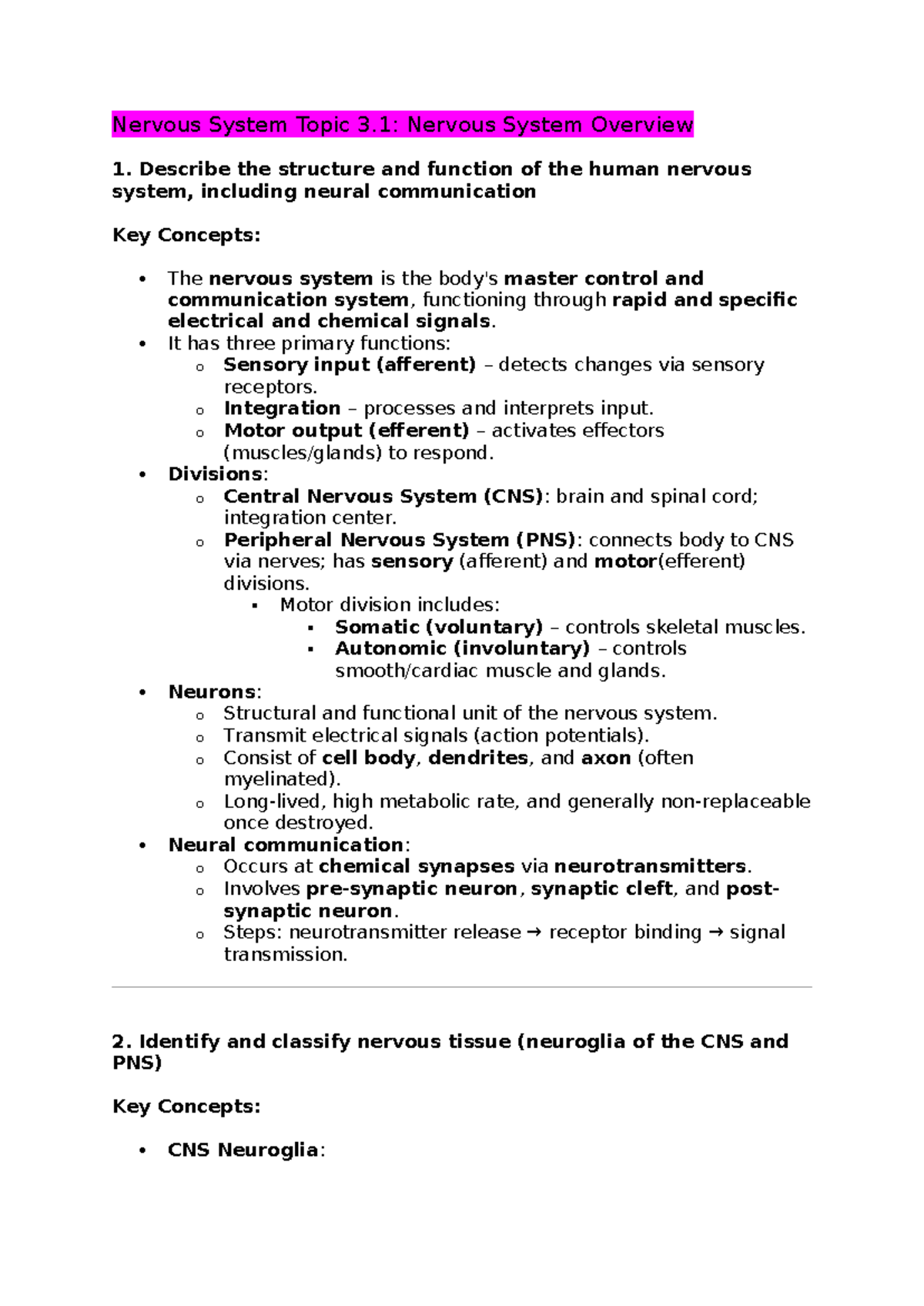 Anatomy Course 3.1: Comprehensive Overview of the Nervous System - Studocu