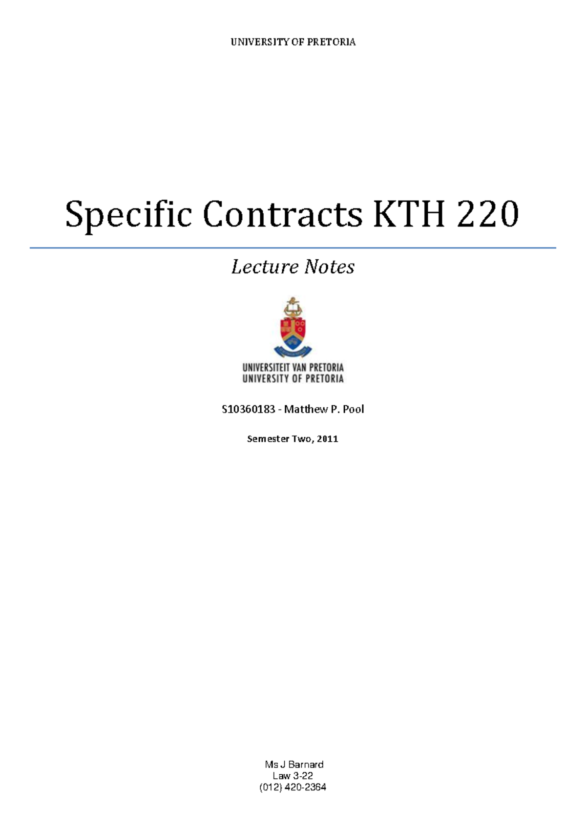 KTH220 Lecture Notes on Specific Contracts and Principles of Law - Studocu