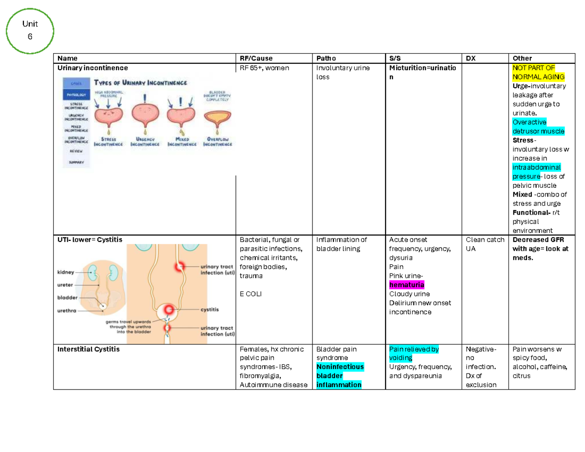 Exam 3 Chart: GI/GU Pathophysiology & Urinary Incontinence Overview ...