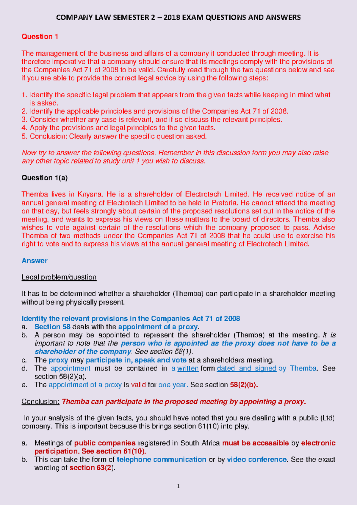 Company Law Semester 2 - 2018: Exam Questions & Answers Analysis - Studocu