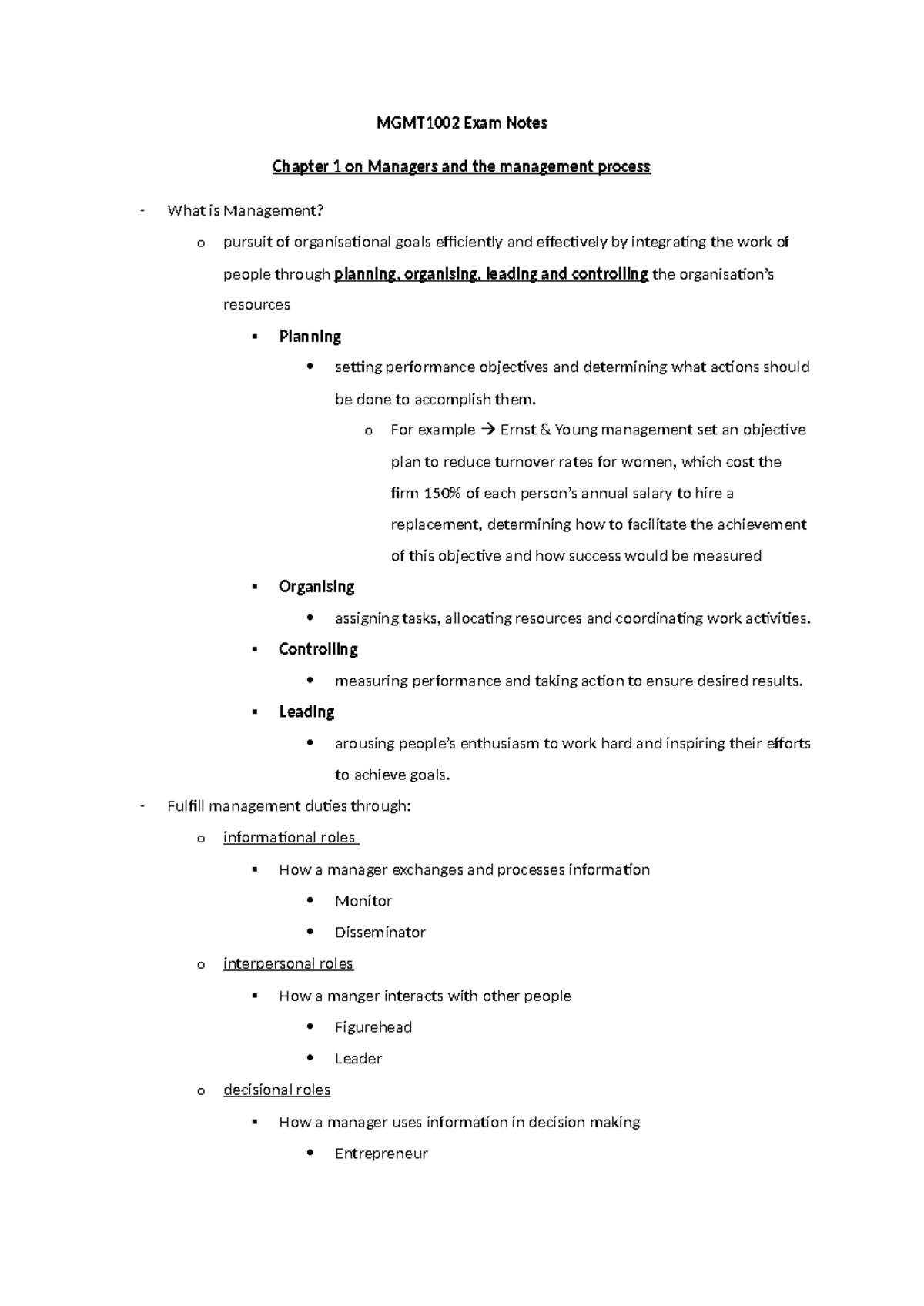 MGMT1002 Final Exam Notes: Understanding Management Processes and Roles ...