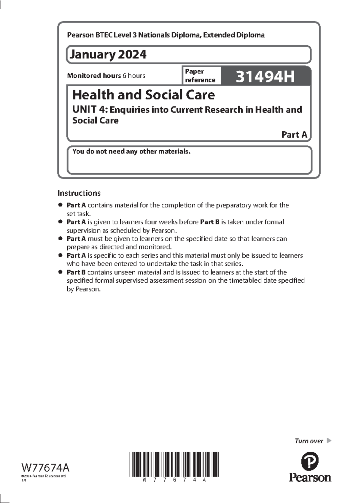 Unit 4 Part A Prep Paper - Health & Social Care - Jan 2024 - Studocu