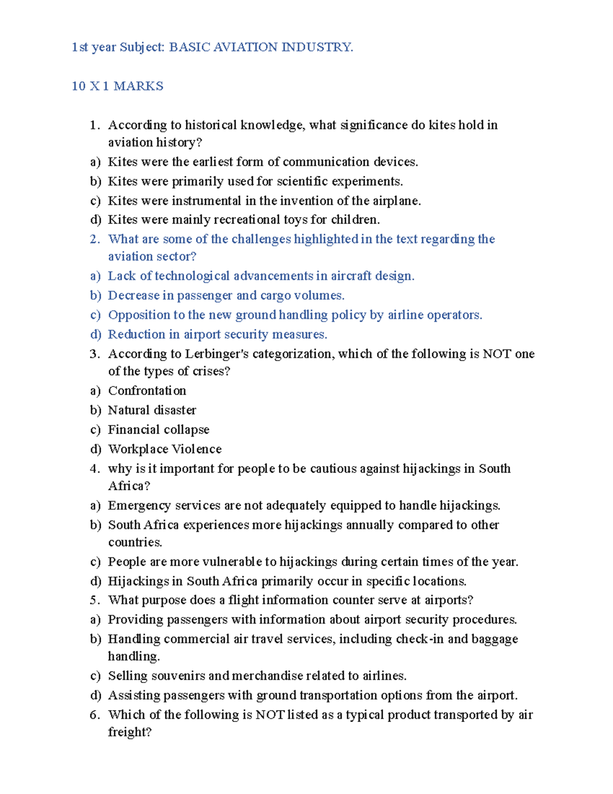1st Year BASIC AVIATION INDUSTRY - Question Paper (10x1, 5x5 Marks ...
