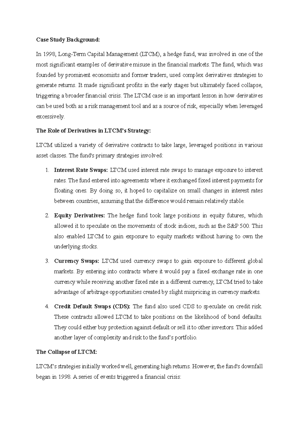 Case Study: LTCM Collapse and Derivative Misuse Analysis (FIN 301 ...