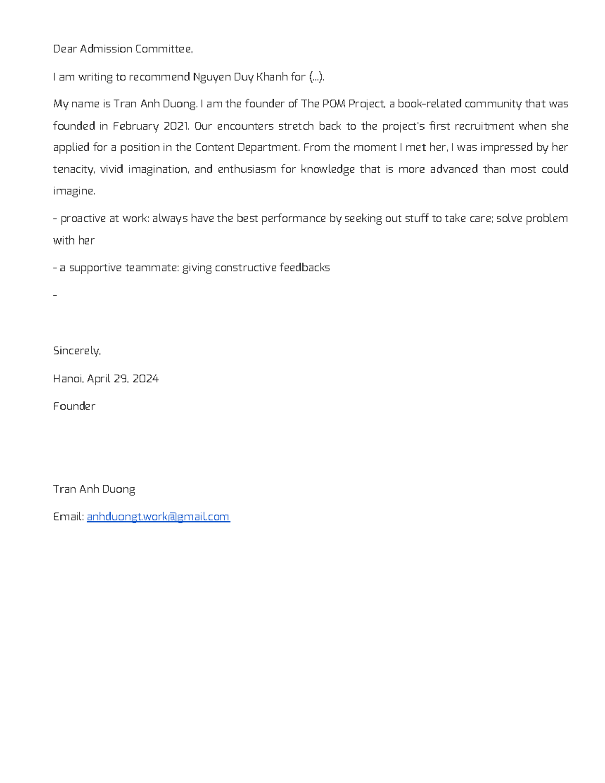 Recommendation Letter for Nguyen Duy Khanh - Mmnmn - Studocu