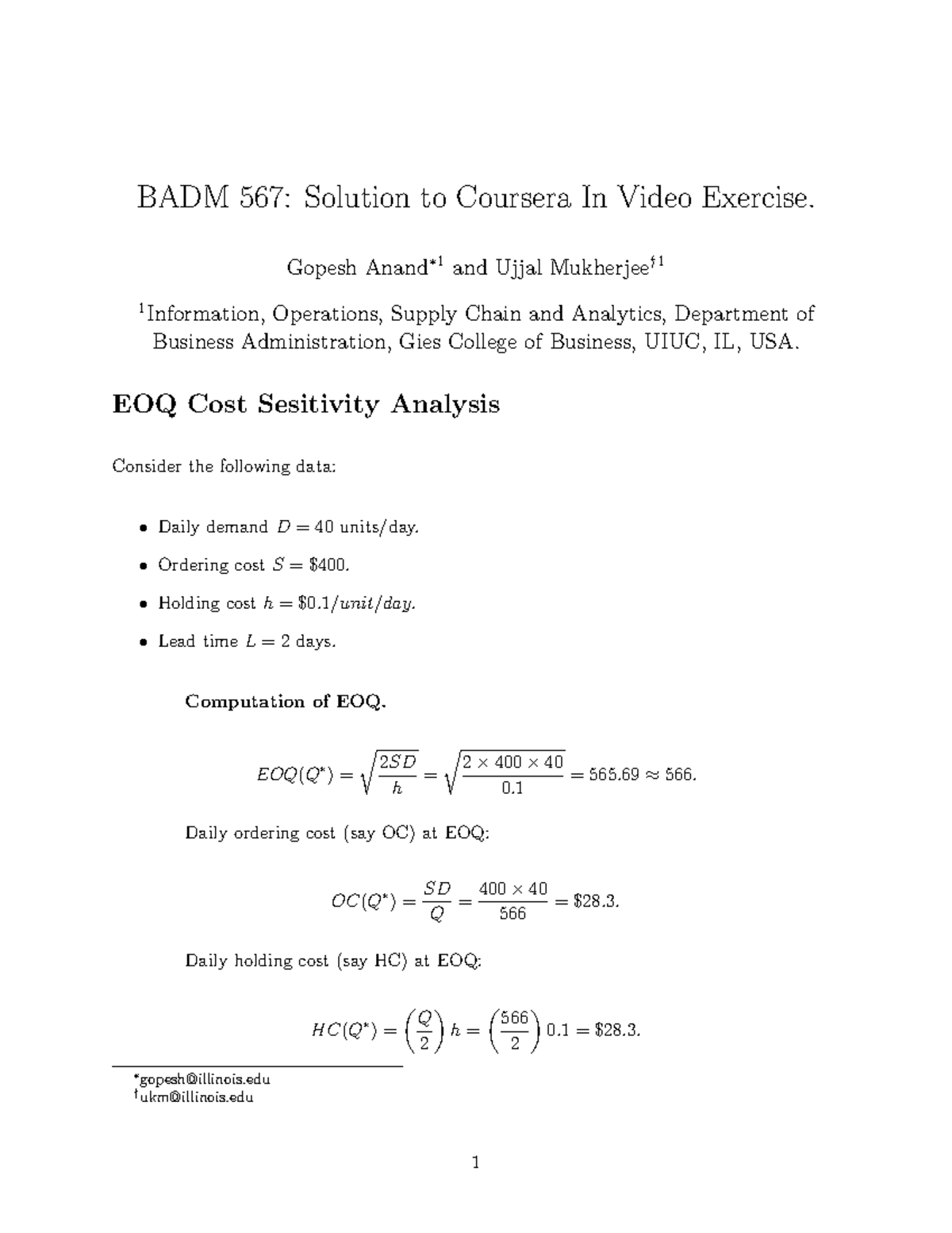 BADM 567: EOQ Cost Sensitivity Analysis - Coursera Video Exercise ...