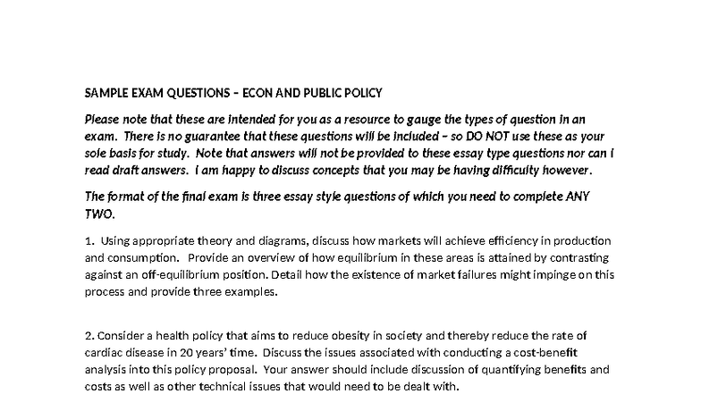 SAMPLE FINAL EXAM QUESTIONS: ECON 101 & PUBLIC POLICY - Studocu