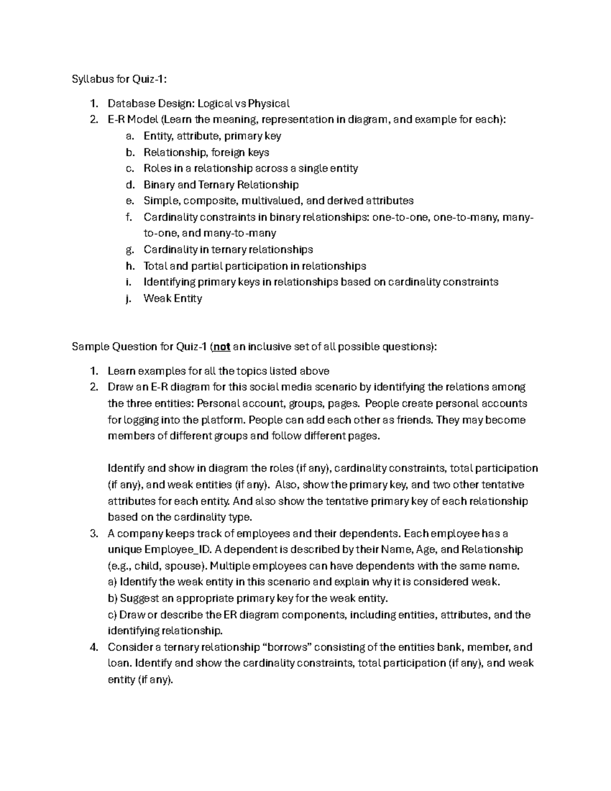 Quiz-1 Syllabus: Database Design Concepts & Sample Questions - Studocu