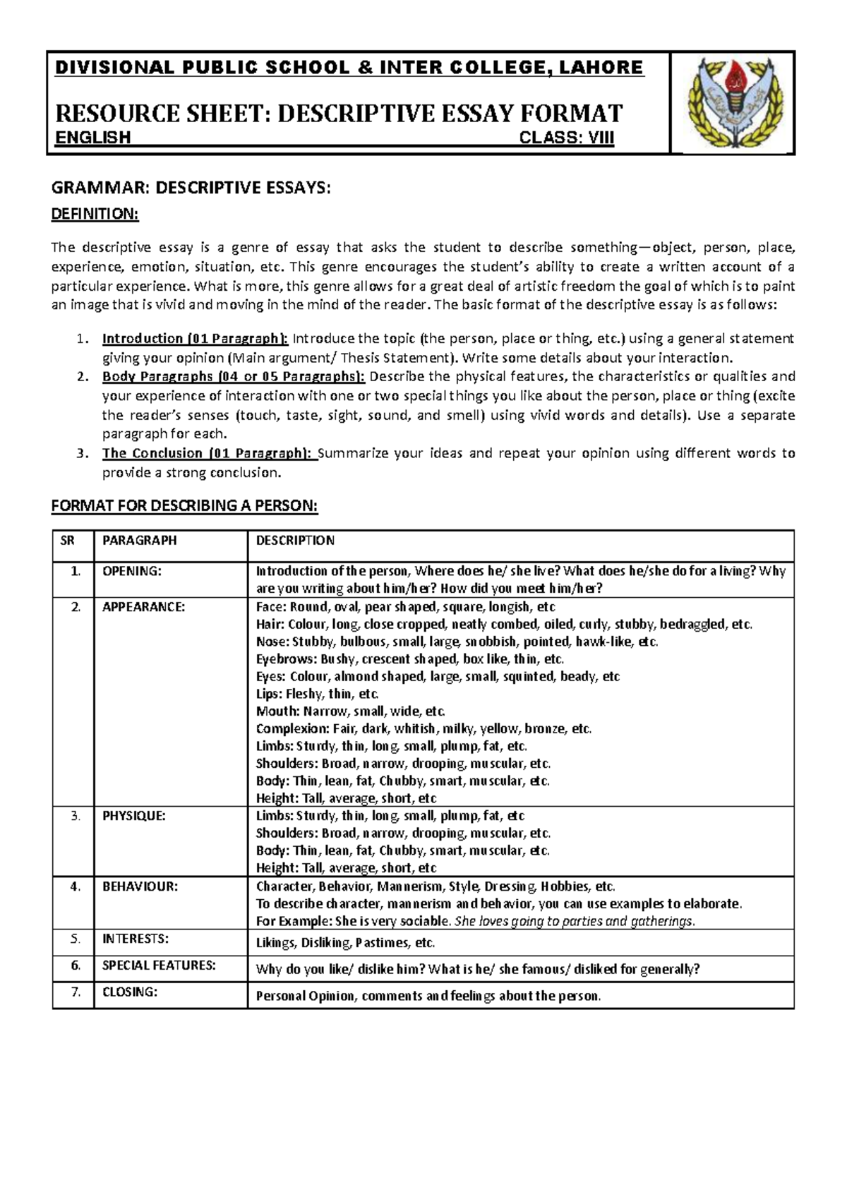 10. Resource- Descriptive Essay Format- Persons ( Class VIII ...