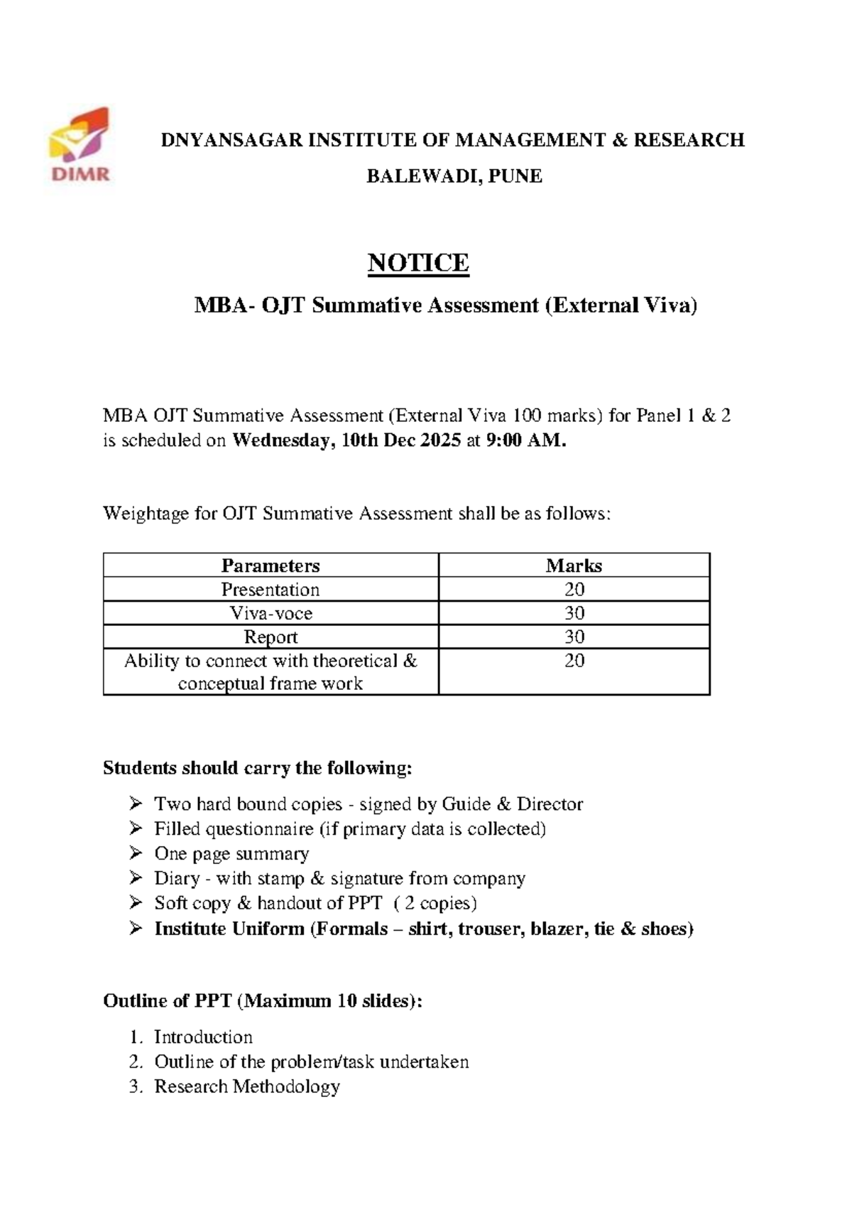 MBA OJT External Viva Notice - Summative Assessment Details - Studocu
