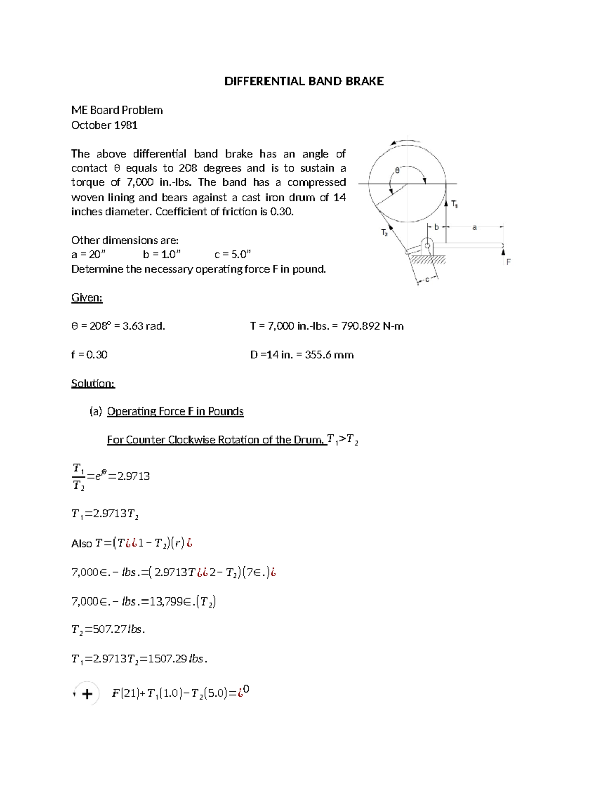 Sample Problems Problems to Solve on Brakes - DIFFERENTIAL BAND BRAKE ...