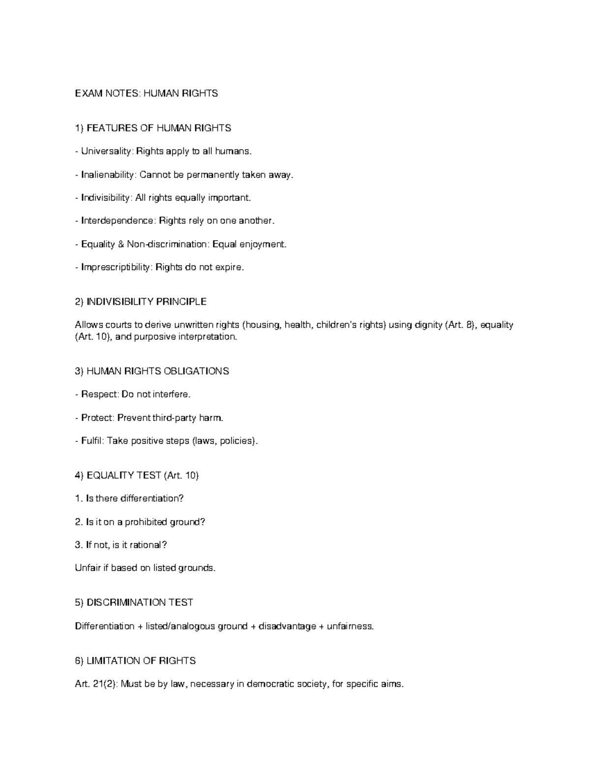 HUMAN RIGHTS EXAM NOTES: KEY FEATURES & OBLIGATIONS - Studocu