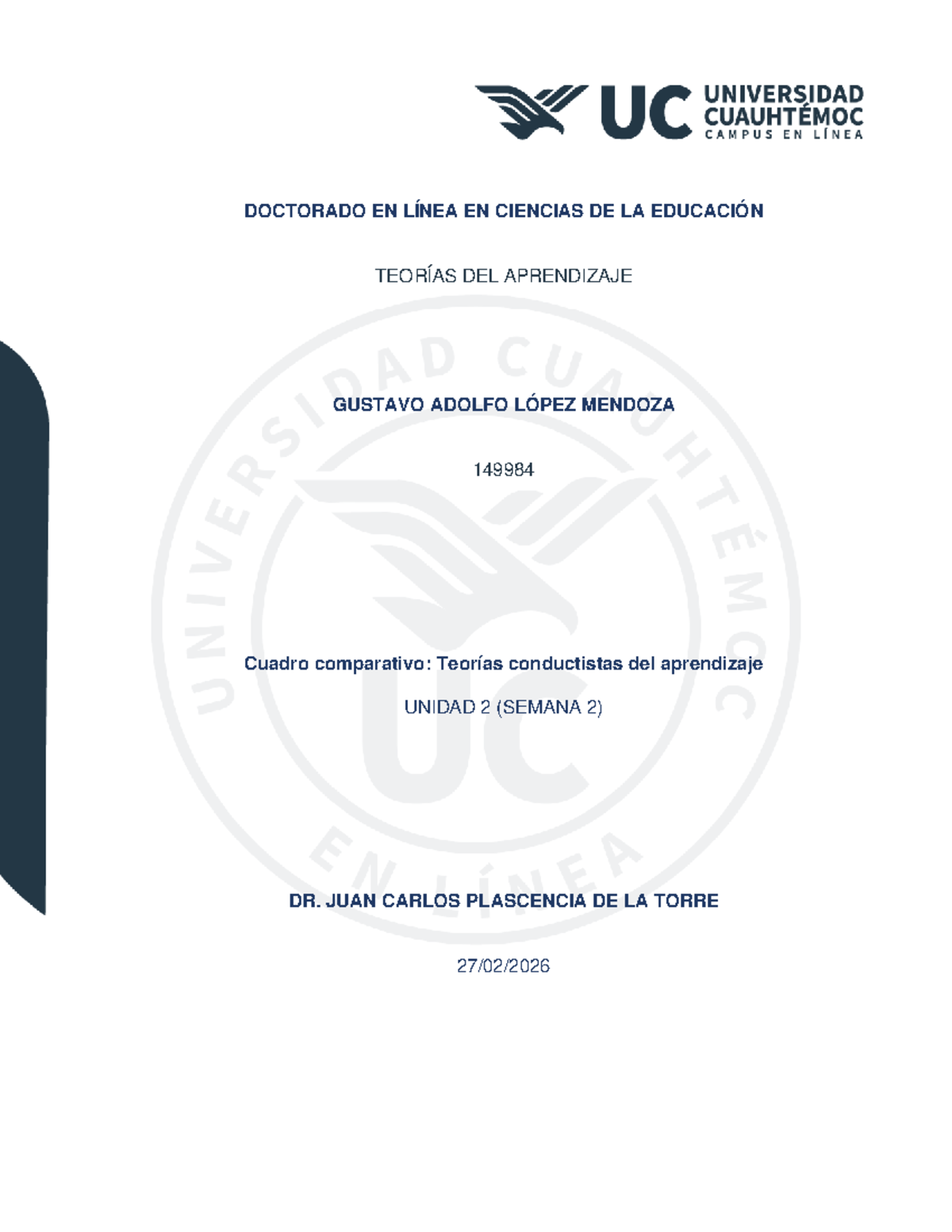 Comparativa de Teorías Conductistas del Aprendizaje - DOCTORADO EN CIENCIAS DE - Document Preview