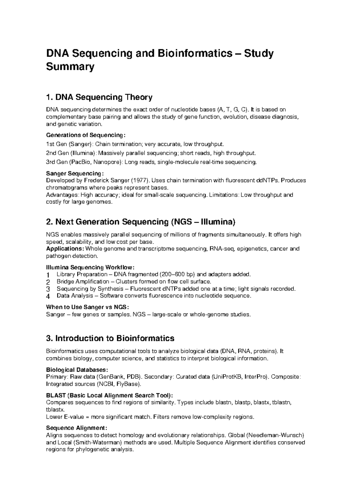 DNA Sequencing & Bioinformatics Study Summary (BIO101) - Studocu