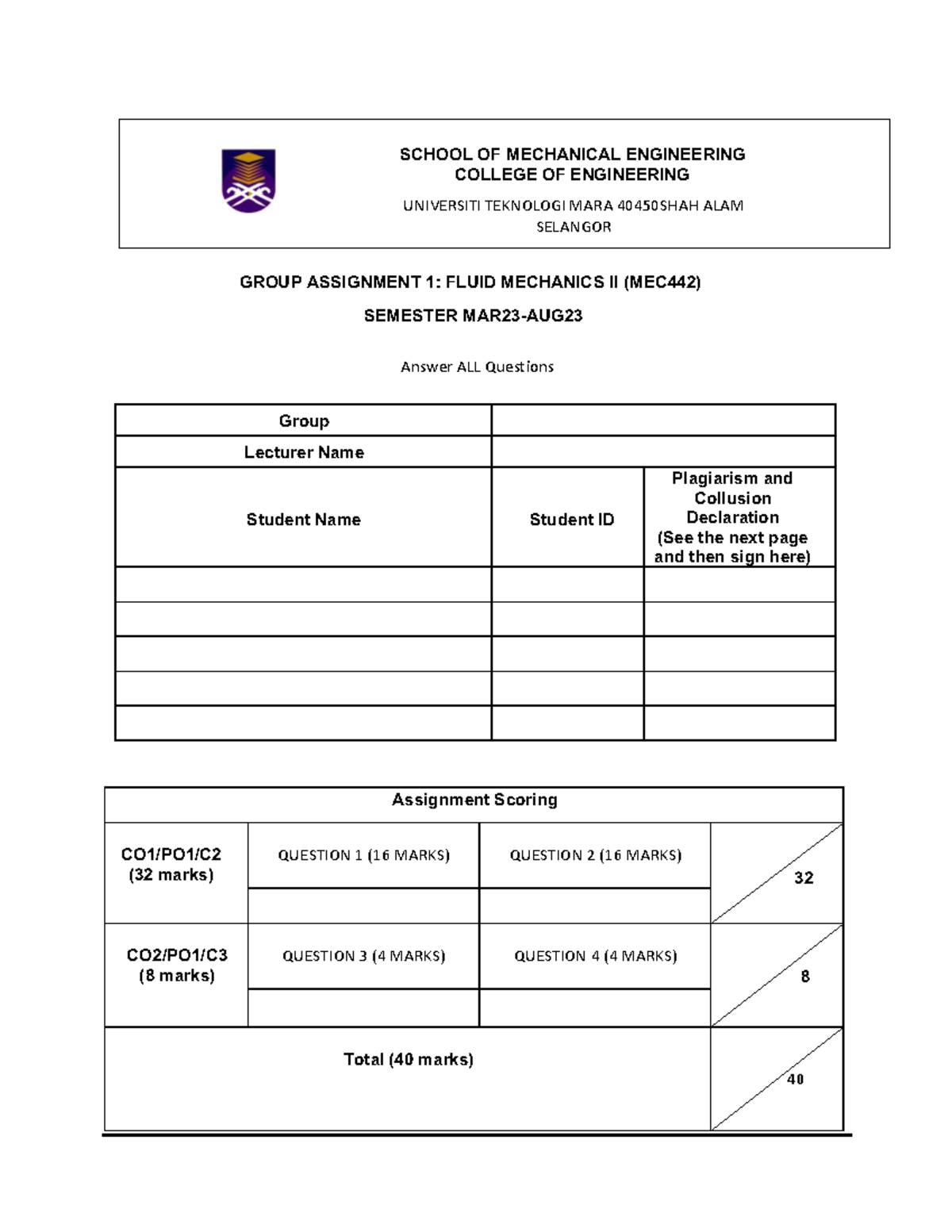 MEC442 Group Assignment 1: Fluid Mechanics II (MAR23-AUG23) - Studocu