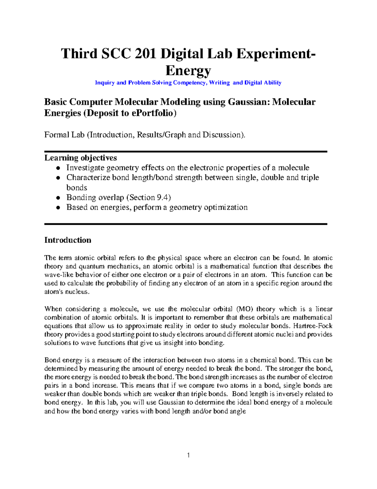 SCC 201 Final Lab: Exploring Molecular Energies through Gaussian - Studocu