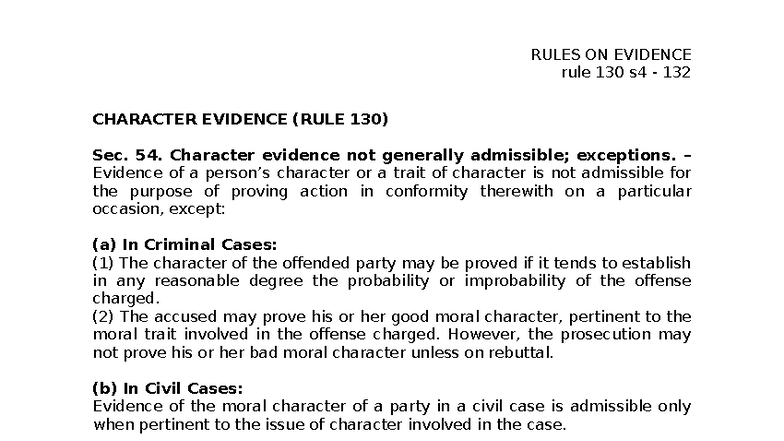 Rule 130 s54 rule 132 - research - rule 130 s4 - 132 CHARACTER EVIDENCE ...