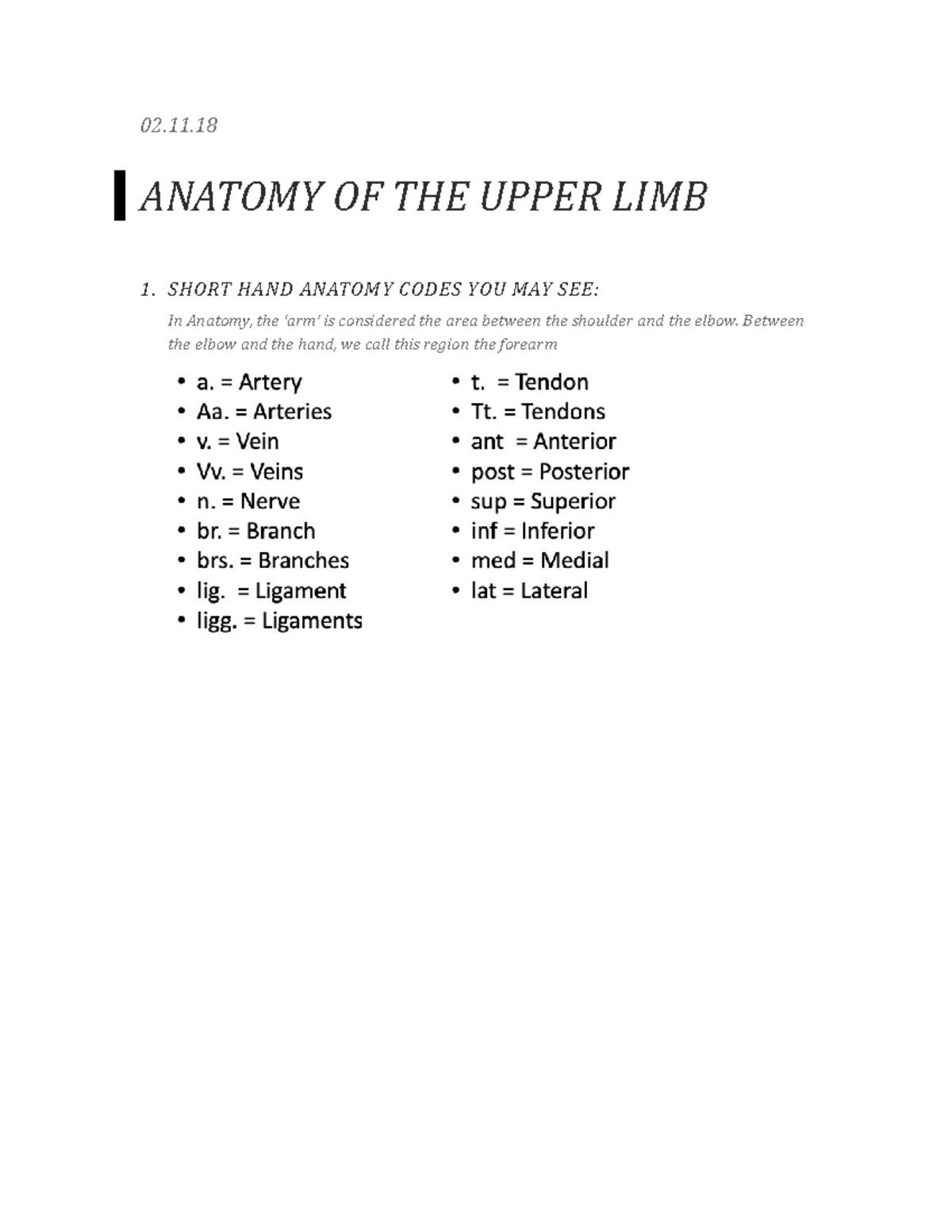 Anatomy Upper Limb Notes