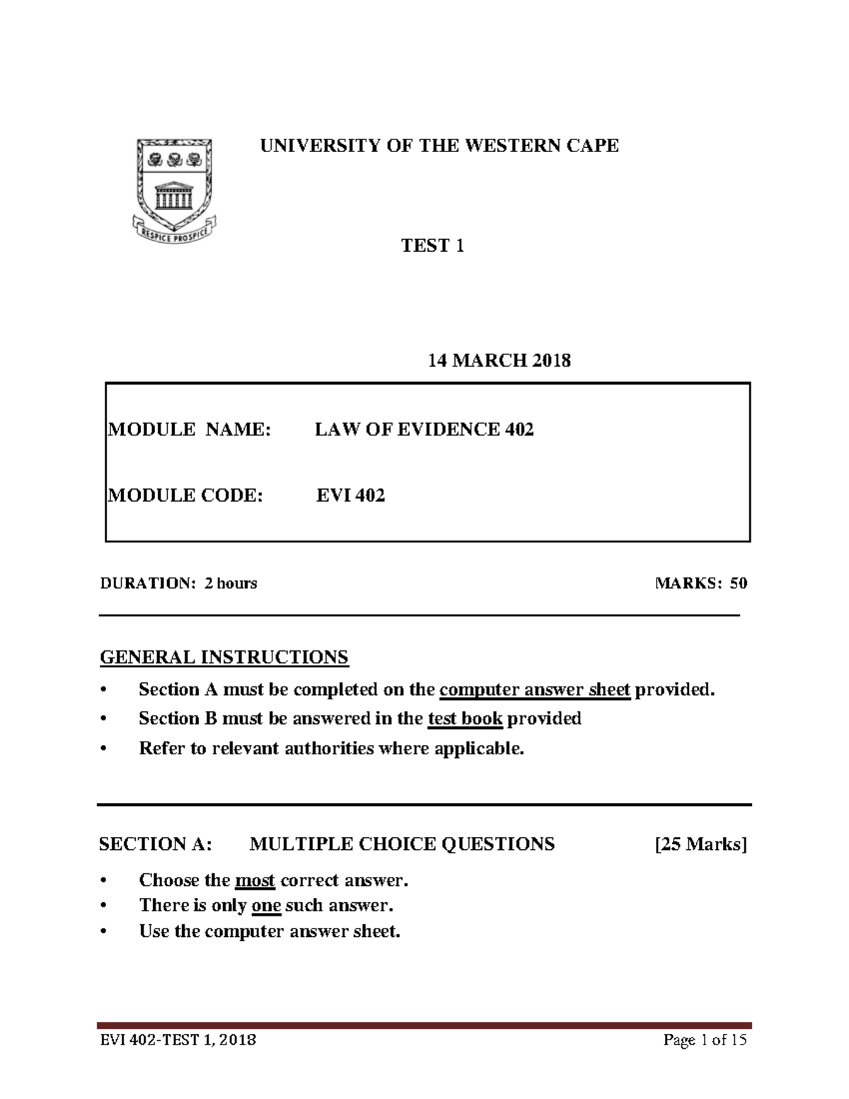 EVI 402 - Law of Evidence Test 1 (Final) - Answers & Analysis (2018 ...