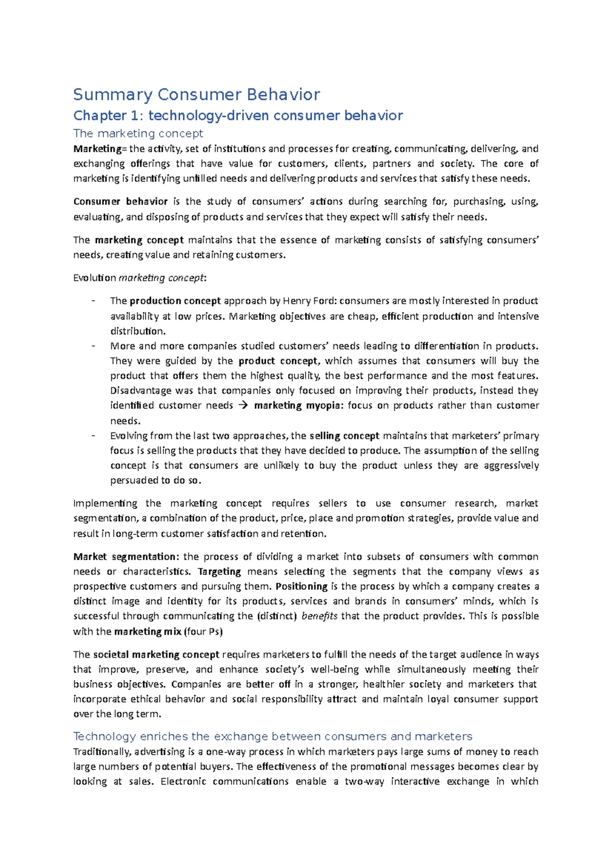 Summary of Consumer Behavior: Chapters 1 & 2 Insights on Marketing ...