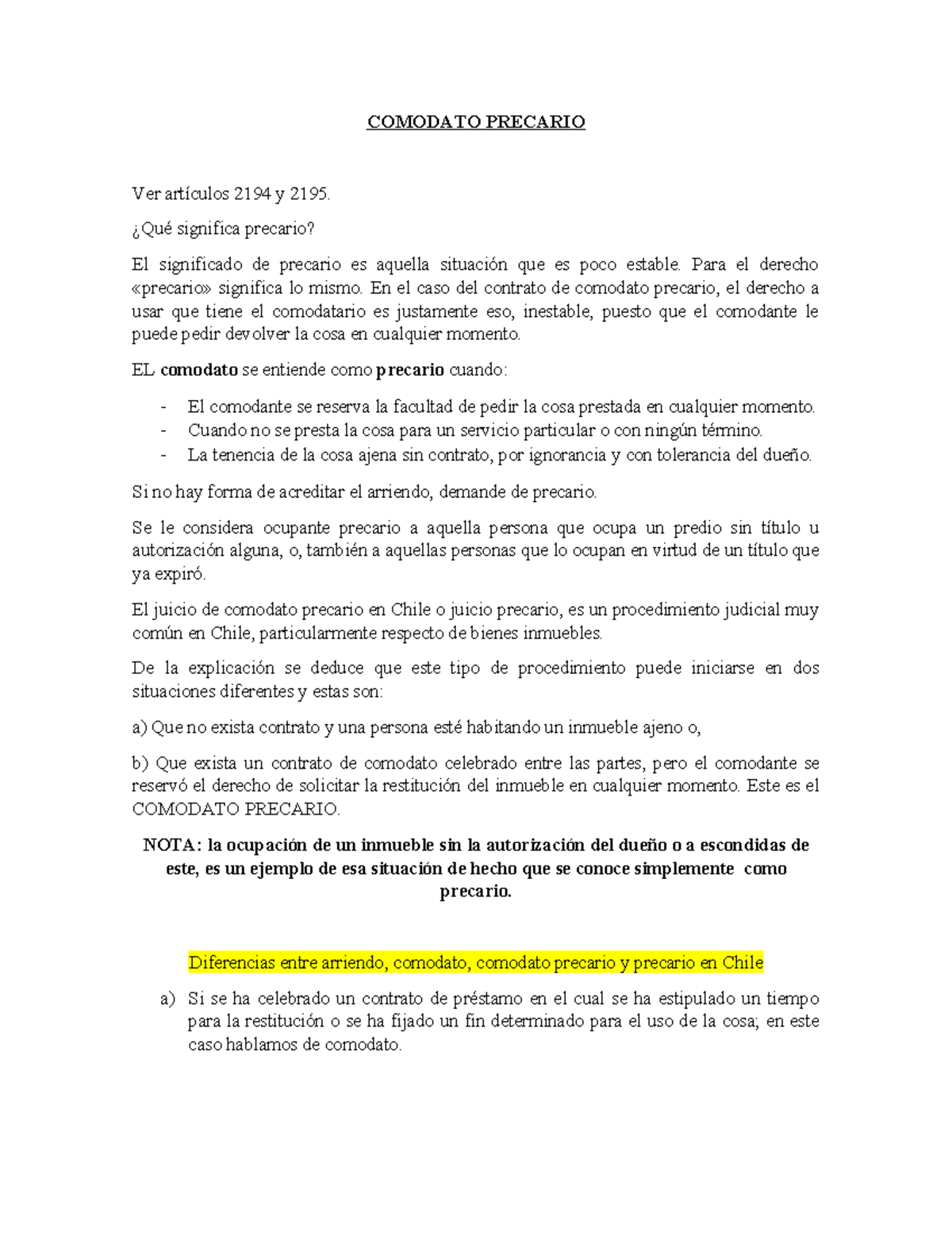 Estudio sobre Comodato Precario y su Aplicación Legal en Chile - Document Preview