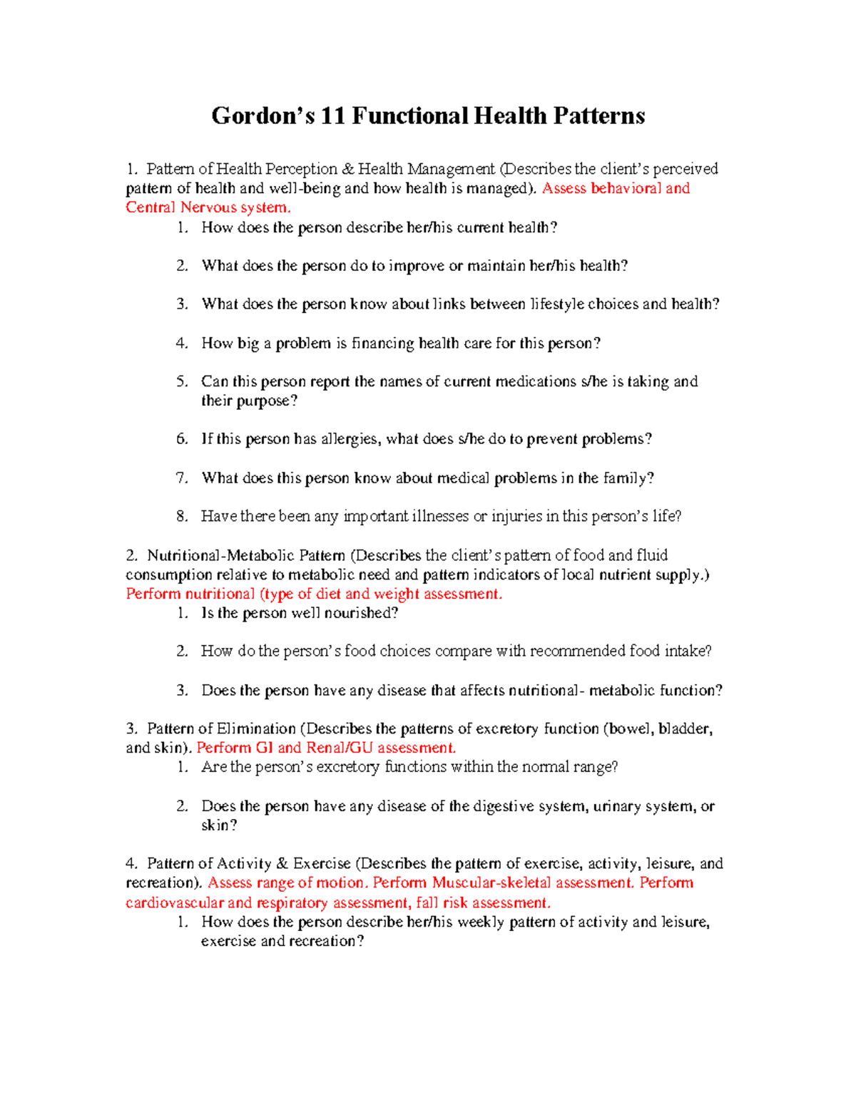 Gordon's 11 Functional Health Patterns: Comprehensive Assessment Guide ...