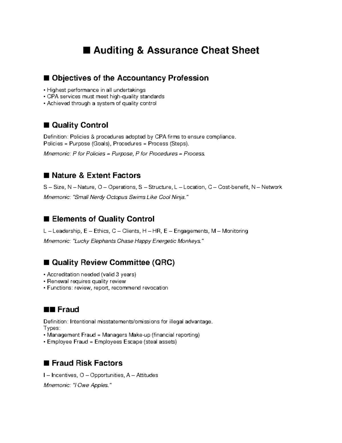 Auditing Assurance Cheat Sheet - Key Concepts & Mnemonics - Studocu