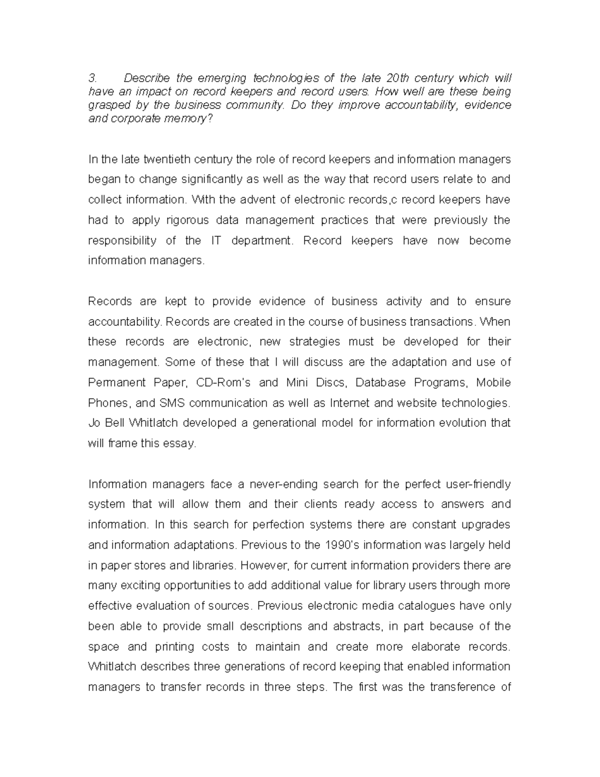 Elec Records & Document Management Major Paper - 3. Describe the ...