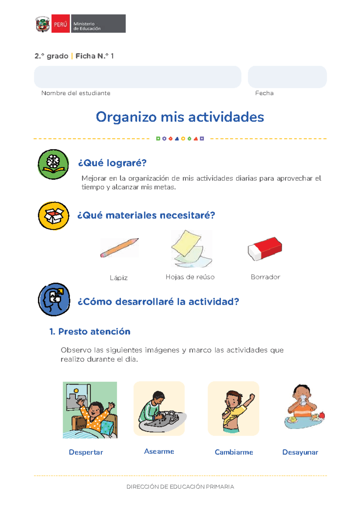 Ficha 1: Organizo Mis Actividades - Grado Primaria - Studocu