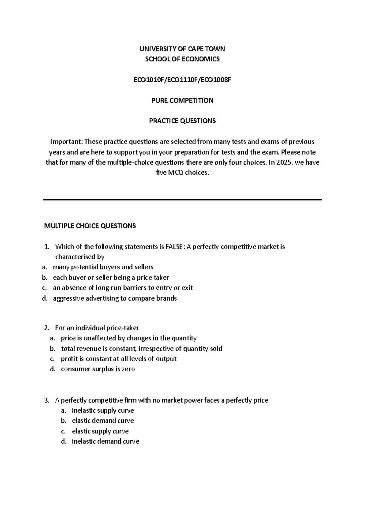 UCT ECO 1010 Pure Competition Practice Questions for Exam Prep - Studocu
