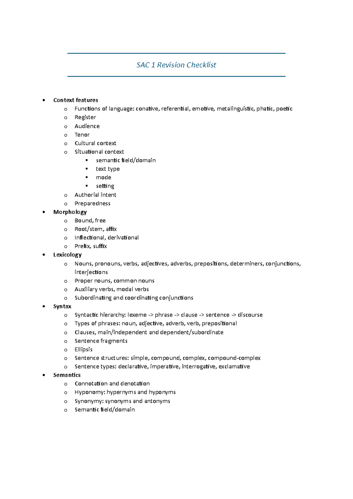 SAC 1 Revision Checklist: Language Functions & Syntax Overview - Studocu